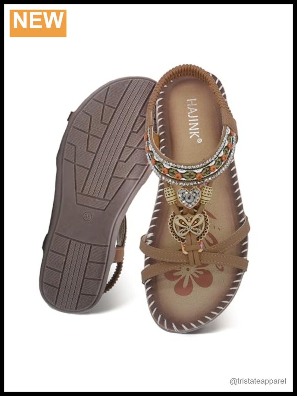 Bohemian Flat Sandals with Elastic Ankle Strap, Faux Leather, Rhinestone Beaded